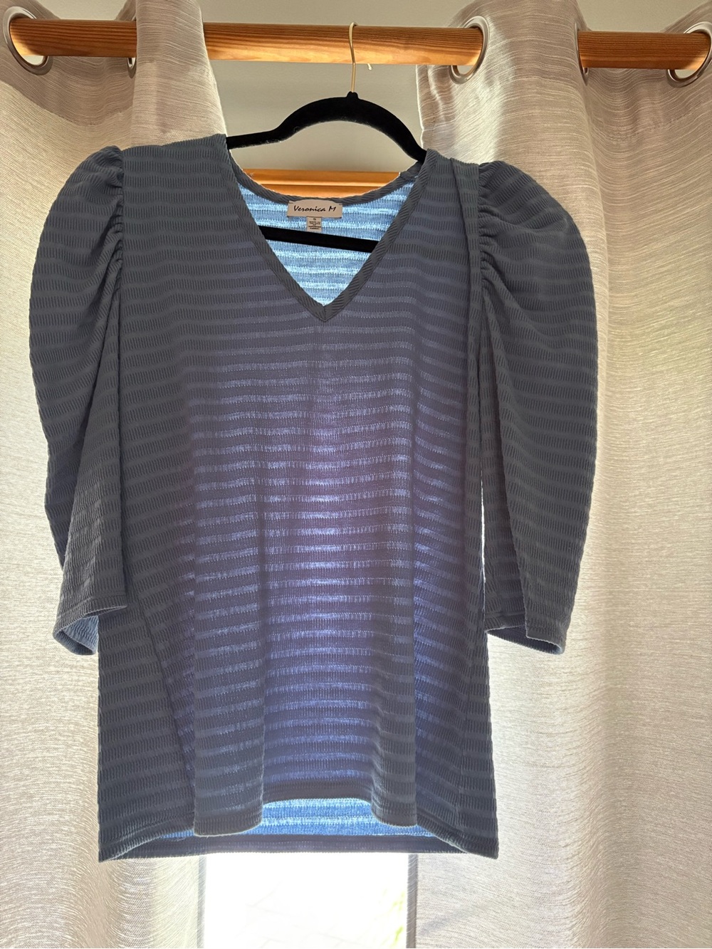 Veronica M 3/4Puff Sleeve V-Neck Top in Slate Blue